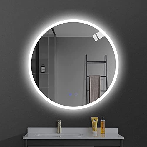 24 Round LED Bathroom Mirror Wall-Mounted Vanity Anti-Fog Mirror Dimmable 3 Color Adjustable Light LED Makeup Mirror
