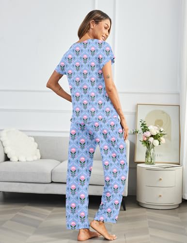 Image of Ekouaer Pajama Sets for Women Round Neck Pjs Short Sleeve Sleepwear with Long Pants Loose Lounge Sets