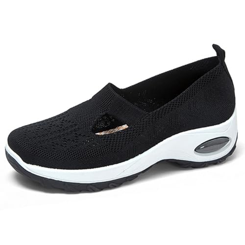 Womens Air Cushion Slip on Orthopedic Walking Shoes Arch Support Knitted Mesh Breathable Sneakers Lightweight Wide Width Non-Slip Shoes