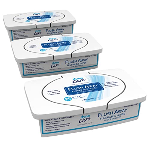Dynarex DynaCare Flushable Wipes, Wet Bathroom Hygiene Wipes for Adults, Alcohol Free, Safe for Sewers and Septic Systems, 9” x 13” wipes, 3 Tubs of 60-Count Wipes