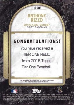 2016 Topps Tier One Relics #T1R-ARI Anthony Rizzo Game Worn Cubs Jersey Baseball Card - Gray Jersey Swatch - Only 299 made!