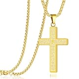 ZhouWei Collar Cruz Hombre, 60 cm Colgante Cruz Hombre con Versículo Impermeable Crucifijo Colgante Cross Robusta Cadena Acero Inoxidable, Regalo para Madre Hombres y Niños (Oro)
