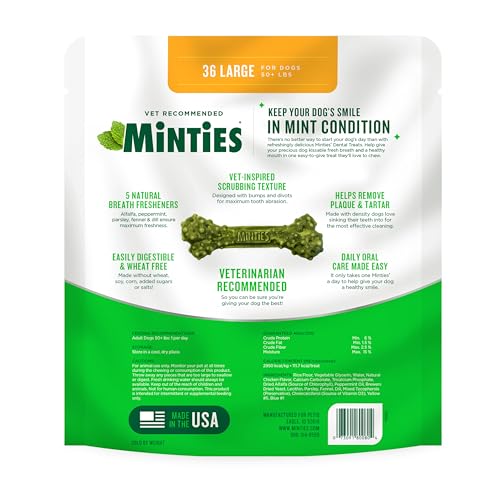 Image of Minties Dental Chews for Dogs,Vet-Recommended Mint-Flavored Treats for Large Dogs Over 50 lbs,Dental Bones Clean Teeth,Fight Bad Breath & Removes Plaque & Tartar,Large Dogs- 48oz, 36 Count (Pack of 3)
