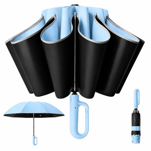 Image of Zancia UV Reversible Umbrella with Novelty Carabiner Handle, Travel-Friendly Umbrellas for Sun & Rain Protection, Windproof Compact, Automatic Open /Close,Plant Cutter for Home Garden Men and Women