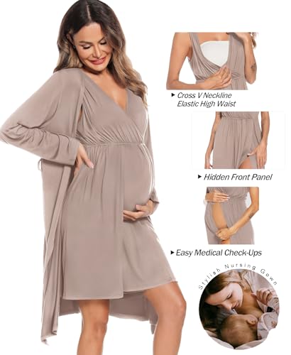 Image of SWOMOG Women Maternity Nursing Gown and Robe Set 3 in 1 Labor Delivery Nursing Nightgown for Breastfeeding Hospital Bathrobe