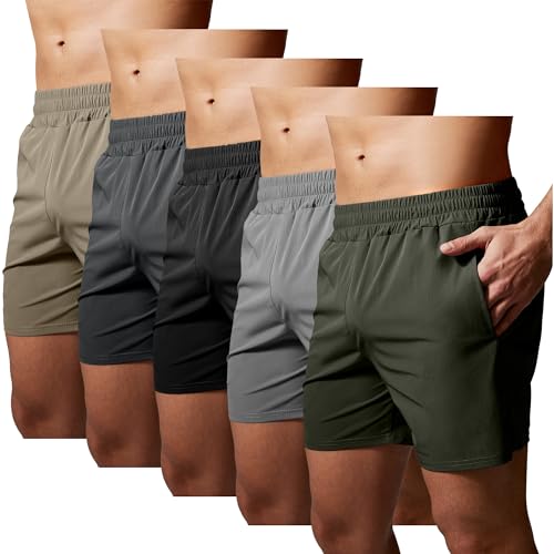 GYM REVOLUTION Men's 5 Pack Running Workout Gym Quick Dry Training Shorts with Zipper Pockets Black Grey Dark Grey Army Green Khaki M