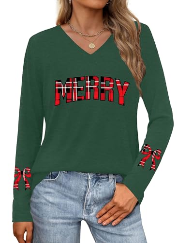 Christmas Shirts for Women Merry Christmas Shirt Christmas Bow Graphic V Neck Long Sleeve Tees Tops(Green3,Medium)