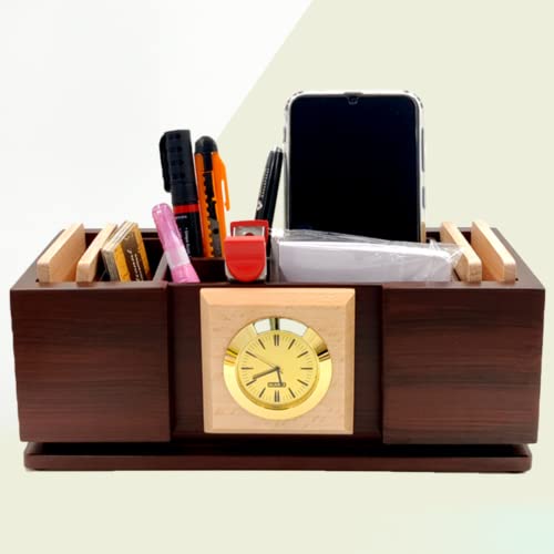 Image of Woodhouse Wooden Pen Stand with Clock, Office Table & Study Table Organiser, Brown