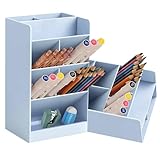 20.5cm/8.07in Vertical Desk Organizer, Plastic Pen Holder with 5 Compartments, Multifunctional Storage Caddy for Pencils, Markers, Makeup Brushes - Office, School, Home Use (Blue)
