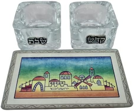 Modern Crystal Candleholders Set for Shabbat + Painted Glass Tray Handmade Original Judaica Art (Rainbow Colors Jerusalem)