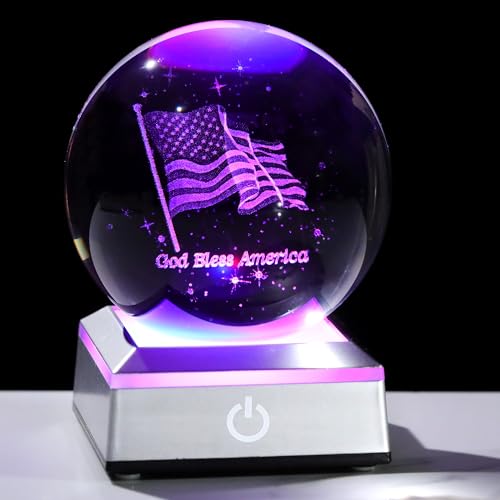 Image of Ornalrist 3D Crystal Ball Engraved American Flag Gifts for Men, Women, Him Father - Crystal Ball Engraved USA Flag & God Bless America Text 3.15in with Colorful LED Light Base Home Decor