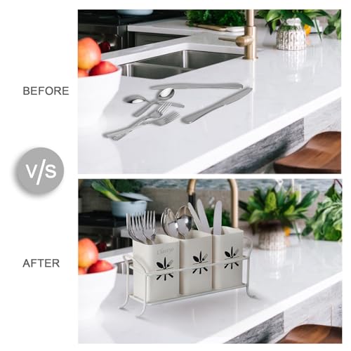 Image of Classyo Metal Cutlery Holder For Dining Table | Cutlery Stand & Spoon Stand for Dining Table Fancy | Spoon Holder for Kitchen Counter Top | Kitchen Cutlery Organizer (10 x 3 x 6 inch) (Ivory)
