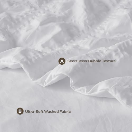 Image of JELLYMONI Seersucker Duvet Cover Set Full, 3pcs White-Grid Polyester | In Guest Room & Studio, Single Upgrades Pick, Crinkled Texture, Oeko-Tex Certified, 8 Corner Ties & Hidden Zipper