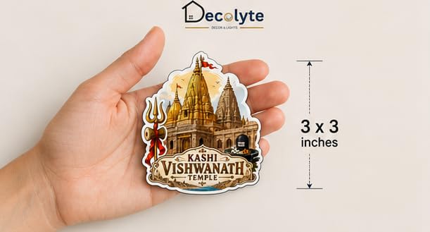 Image of Kashi Vishwanath Temple Theme Wooden Fridge Magnet Souvenir | 3x3 in Kitchen Home Decor Gift