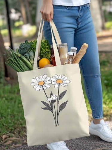 Canvas Tote Bag, Nature Daisy Flowers Cute Pastel Floral Aesthetic Canvas Tote Handbags for Women Shoulder Bag4