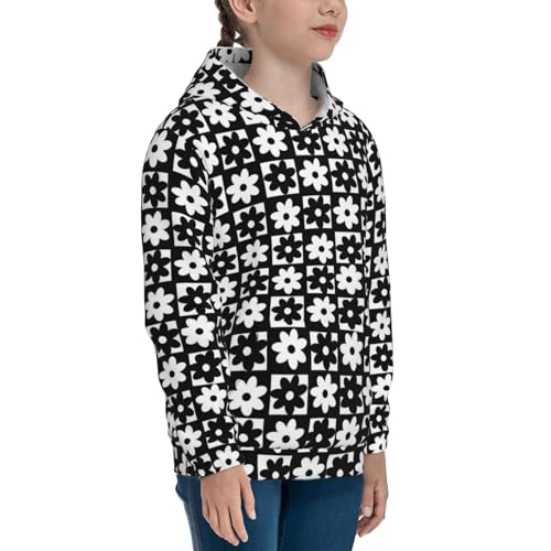 Black and White Checkered Flower Kids Pullover Hoodies Boys Sweatshirts Girls Athletic Clothes with Pocket3
