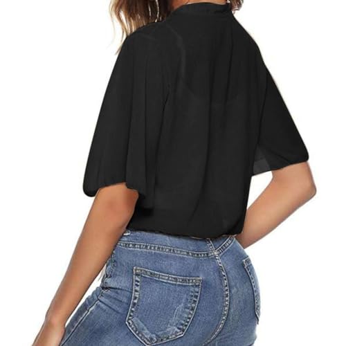 Image of Women's Chiffon Cropped Bolero Sheer Shrugs for Dress Short Sleeve Tie Front Cardigan