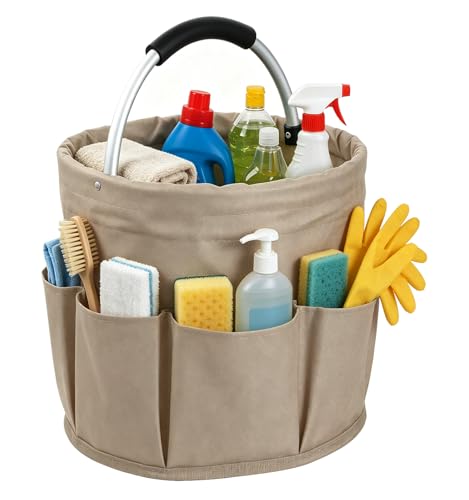 Image of 17L Cleaning Supply Caddy with Soft Handle, Portable Shower Caddy in 600D Oxford Fabric, Garden Tool Organizer Bag, Multifunctional Storage Basket for Bathroom, Garden, Khaki