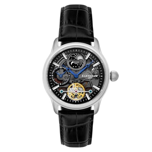 Thomas Earnshaw Longitude Shadow ES-8063-04 Herren-Armbanduhr mit Automatikgetriebe, schwarzes Zifferblatt mit Skelett-Anzeige, schwarzes Lederarmband