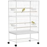 PawHut Jaula para Pájaros con Ruedas Pajarera Metálica con Bandeja Extraíble 4 Puertas 4 Comederos 4 Perchas y Estante de Almacenaje Jaula para Canarios Periquitos 78x52x132 cm Blanco