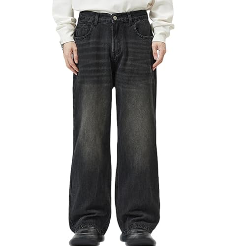 Mens Acid Washed Jeans Casual Hip Hop Baggy Wide Leg Denim Pants Vintage Stylish Skater Jean Long Trousers Streetwear