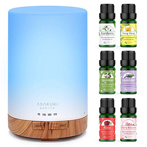 ASAKUKI 300ML Essential Oil Diffuser with Floral Fragramce Gift Oils Set Include Lavender, Ylang Ylang, Rose, Jasmine, Cherry Blossom, Gardenia