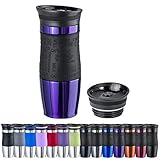 WELLGRO Thermobecher 400 ml + 1 Extradeckel - Edelstahl rostfrei - Silikon Soft-Touch Griffstück - BPA-frei - Isolierbecher doppelwandig - Travel Mug - Kaffeebecher to go, Farbe:Lila Metallic