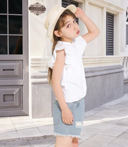 Image of Girls Ruffle Short Sleeve Blouse Twist Front Shirt Summer Crewneck Casual Tops White 13-14 Years