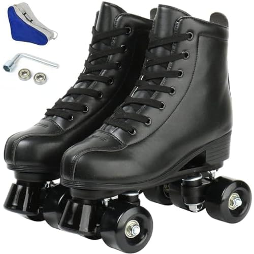 Jessie Leather Roller Skates for Women and Men - Adjustable Four-Wheel Premium Skates for Indoor and Outdoor Use (Black Wheel, Women's 8/ Men's 6.5)