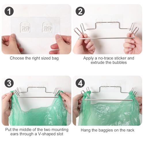 Image of Stainless Steel Trash Bag Holder for Kitchen Cabinets Doors and Cupboards, Under Sink Bag Hanger, Portable Trash can, Waste Bins, Wall Adhesive Hanging Garbage Bins, with Wall Sticker Base