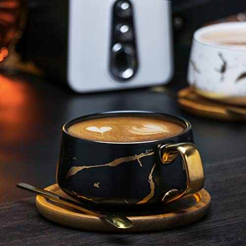 Tilany Tea Cup With Wooden Saucer Set - Ceramic Beverage Holder For Coffee, Latte, Cappuccino - Gold - Plated Handle Mug- Drink Ware Gifts For Women And Men - Black, 10Oz #TOP2