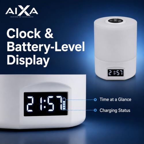 Image of AIXA Rechargeable Bedside Lamp with Clock, Touch Remote, 3 Light Modes