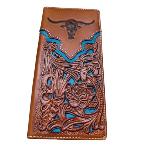 Urbalabs Mens Long Wallet Floral Embossed Longhorn Leather Brown and Teal Soft Leather Checkbook Style Cowboy Hand Crafted High End Mens Wallets Leather Bull Rider Rodeo Concho Gifts For Men