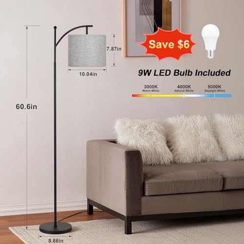 Image of Ambimall 60 inch Floor Lamp for Living Room with 3 Color Temperatures, Adjustable Grey Shade with Black Pole, Tall Lamp for Bedroom Office Classroom Dorm Room, 9W Bulb Included