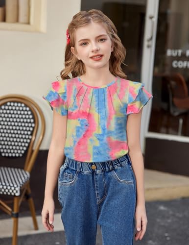 Image of Arshiner Girls T Shirts Ruffle Short Sleeve Summer Pleated Crewneck Casual Tops Tees Blouses