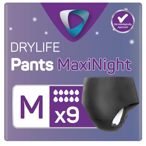 Drylife Pants Maxi Night Disposable Pull-Up Unisex Incontinence Pants - 3000ml Absorbency, Overnight Protection, Anti-Leak Security, Breathable Material - Medium (1 Pack of 9)