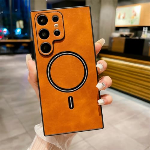Coque cuir S22 Plus magnétique marron étui protection chargeur induction