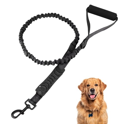 Reshiho Heavy Duty Bungee Dog Leash with Shock Absorbing & Reflective Stitching - Adjustable 4-6FT Tactical Training Leash for Strong Pullers, Dual Padded Handles for Medium/Large Dogs（Black）