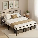 VASAGLE Cadre de Lit 160 x 200 avec Sommier Métal, Cadre en Métal avec Étagères de Rangement, Tête de Lit, pour Adolescents, Montage Facile, Noir d'encre RMB195BD01