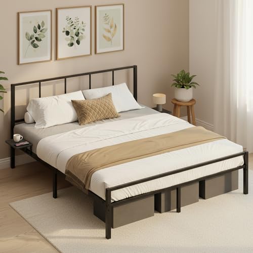 VASAGLE Cadre de Lit 160 x 200 avec Sommier Métal, Cadre en Métal avec Étagères de Rangement, Tête de Lit, pour Adolescents, Montage Facile, Noir d'encre...