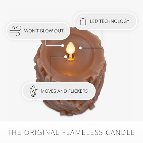 Image of Luminara Flameless Caramel Cafe Embossed Leaves 3.5 inch x 4.5 inch Pillar, Battery Operated & Timer Function, Fall Decorations Indoor Candle Moving Flickering Flame LED Light, Remote Ready (Sold Separately)