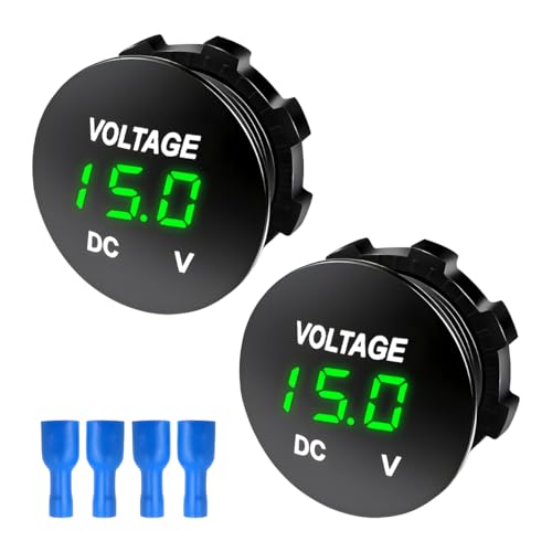 FSTURIOS 2 PCS DC 12V 24 V Voltmeter Gauge, Car LED Digital Display Round Panel Voltage Gauge Meter, Waterproof Mini Volt Tester Battery Monitor Indicator for Car Truck Marine Boat (Green)