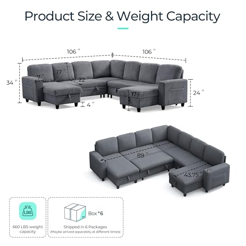 Image of LINSY HOME Sectional Sleeper Sofa Pull Out Couches for Living Room (Grey, Sleeper Sofa 5) | Pull Out Sofa Bed, Storage, USB Charging, Cup Holders, Plush Corduroy