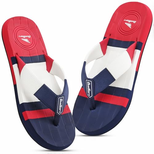Image of Duosoft Men's Flip Flops, Navy Blue & Beige, Anti-Skid Rubber Sole, Superior Shock Absorption, Strong Arch Support, Super Soft
