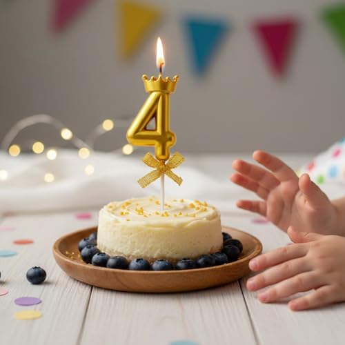 Image of Rozi Decoration Number 4 Birthday Candle for Cake with Crown Design | Gold Metallic Number Candle with Stick | Fourth Birthday Cake Topper for Baby, Kids and Party Celebration
