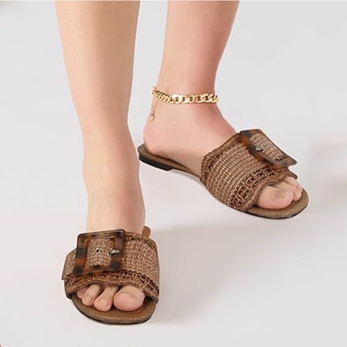 Raffia Sandals for Women Buckle Straw flats Woven Braided Rattan Slides Summer Beach Sandals Comfort Cute Shoes4