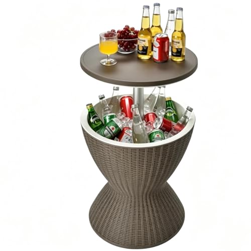 Image of Tangkula Outdoor Cool Bar Table, Rattan Style Patio 8 Gallon Beer and Wine Cooler, All-Weather Ice Bucket w /Height Adjustable Top, Drainage Plug, 3-in-1 Cocktail Coffee Table for Party, Pool (Coffee)