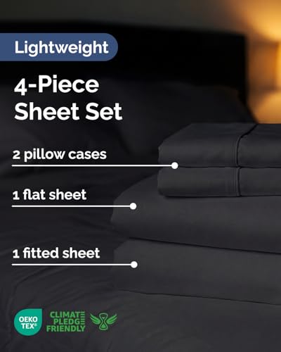 Image of Lightweight 4 Piece Bed Sheet Set King Size - Cooling Sheets for Hot Sleepers - Soft, Breathable Bedding Set w / 8-16 Inch Deep Pockets - 1 Flat & 1 Fitted & 2 Pillowcases - Wrinkle Resistant - Black