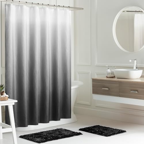 Creative Home Ideas Bathroom Sets with Shower Curtain and Rugs| Shower Curtain Sets with Rugs Includes Shower Curtain, Liner Set, 2 Chenille Bathmats and 12 Hooks | 70" x 72"| Black/White
