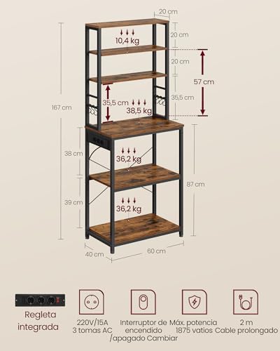 Miniatura 3 de Vasagle Estantería De Cocina Con Enchufes, Estantería De Pie Para Cocina, Estantería Para Microondas, 6 Estantes Y 6 Ganchos, Marco De Acero, 40 X 60 X 167 Cm, Marrón Rústico Y Negro Tinta Kks124k01